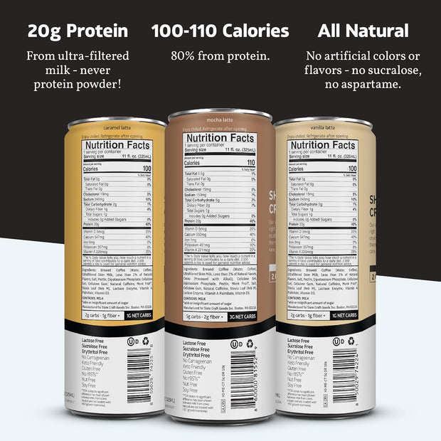Slate Milk - High Protein Iced Coffee - Energy Variety Pack - Caramel Latte, Mocha Latte, Vanilla Latte - 175mg Caffeine, Lactose Free - 20g Protein, 1g Sugar - Protein Coffee - 11 fl oz, 12 Cans