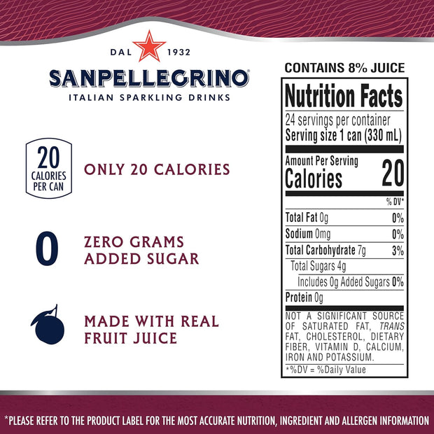 Sanpellegrino Zero Grams Added Sugar Pomegranate & Orange Italian Sparkling Drink, 24 Pack Of 11.15 Fl Oz Cans, Sanpellegrino Italian Sparkling Drinks, Low-Calorie Fruit Juice Beverages