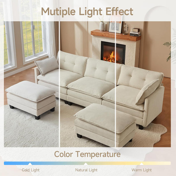 Modular Sectional Sofa, 111.5" U-Shaped Corduroy Comfy Sectional Couches for Living Room, 3-Seater Cloud Couches with 2 Movable Ottomans, Flexible Combination Modern Deep Seat Sofa (Beige)