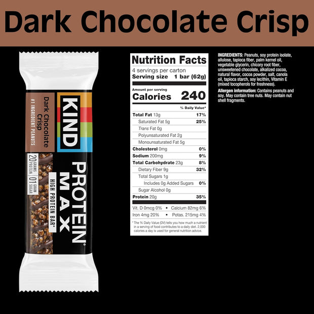 KIND Protein MAX Variety Pack, 4 Flavors, High Protein Keto Snack Bars, 20g Protein, Low Sugar (0g Added), Gluten Free, 12 Bars