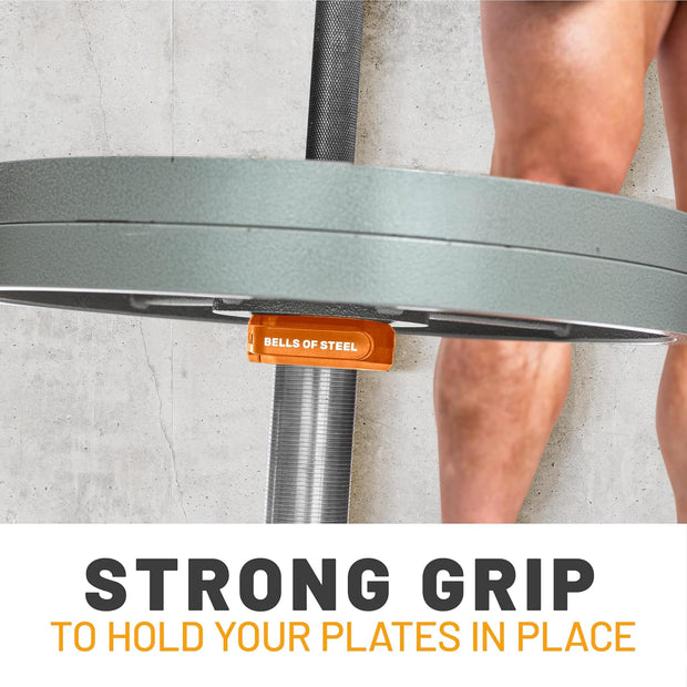 Magnetic Barbell Collars [Bells of Steel] Premium Weight Bar Clamps, Quick Release Barbell Clips, Olympic Barbell Clamps, Rubberized Gym Clips for Weightlifting Bar, Pair, Orange