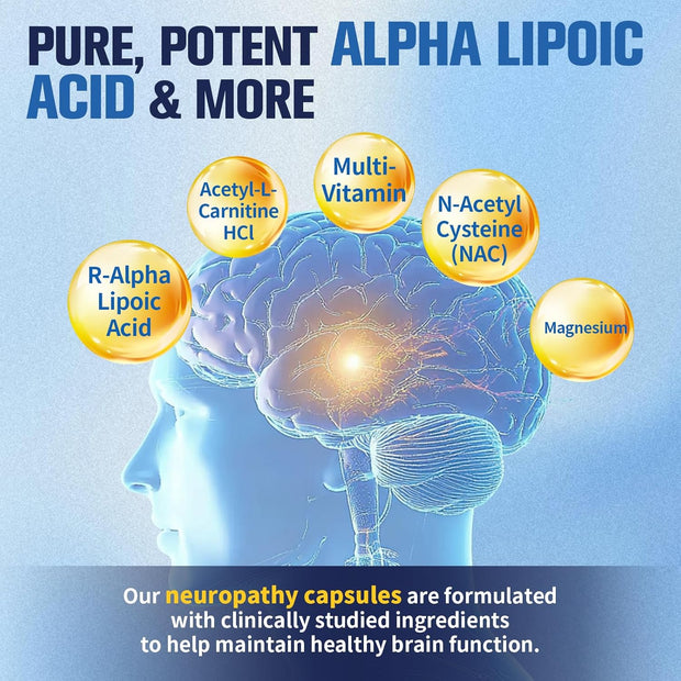 Nerve & Peripheral Neuropathy Support Supplement with 1200mg R-Alpha Lipoic Acid L-Carnitine Vitamin B12 B1 B6 D3 E Folate Lions Mane NAC Magnesium Turmeric - Liver Detox, Antioxidant & Mental Support