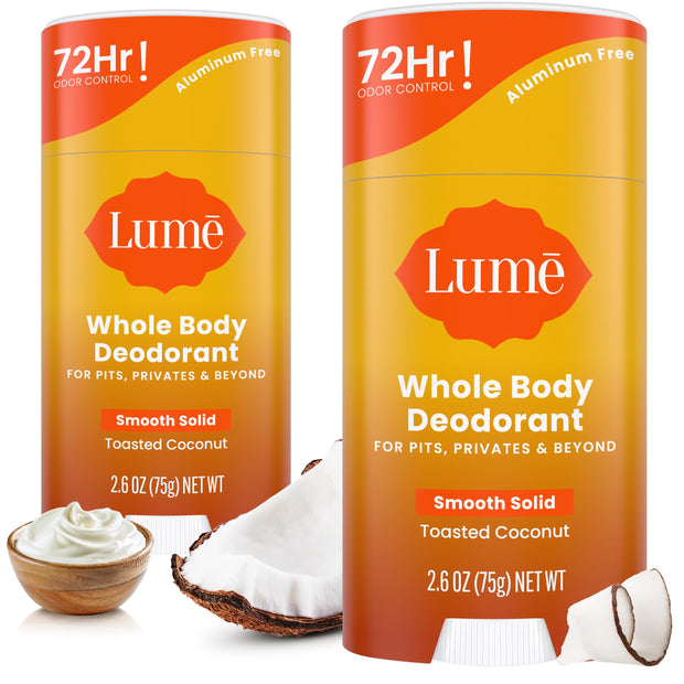 Lume Whole Body Deodorant - Smooth Solid Stick - 72 Hour Odor Control - Aluminum Free, Baking Soda Free and Skin Safe - 2.6 Ounce (Pack of 2) (Soft Powder)