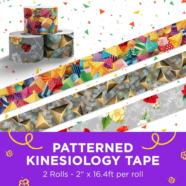OK TAPE Patterned Kinesiology Tape, Elastic Physical Therapy Athletic Tape for Pain Relief & Muscle Support, Uncut Kinetic Tape, 2in x 16.4ft- 2 Rolls (Rose)