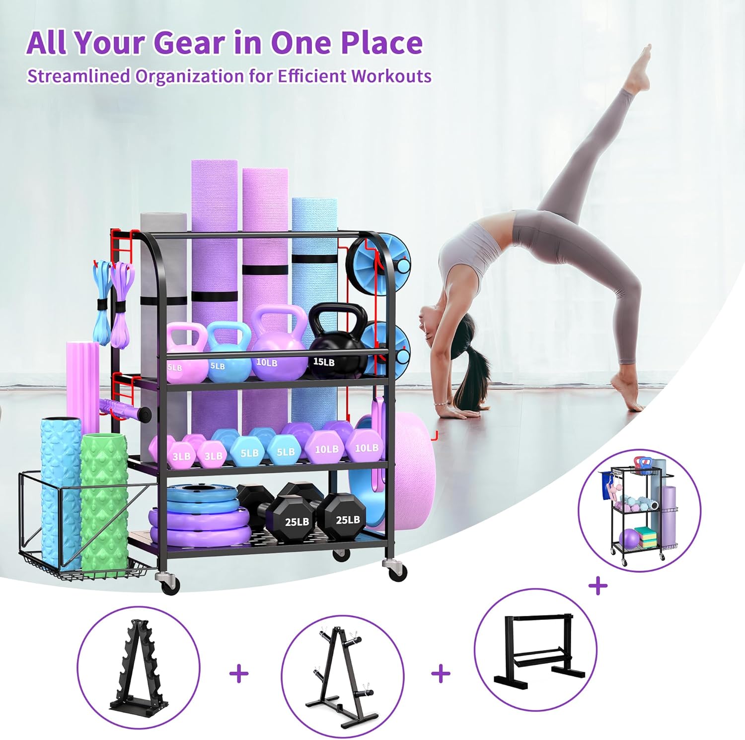 Dumbbell Rack, Weight Rack for Home Gym, 400LBS Metal Home Gym Storage with Lockable Wheels & 4 Adjustable Hooks, Weight Stand for Yoga Mat Storage, Dumbbells, Kettlebell, Foam Roller