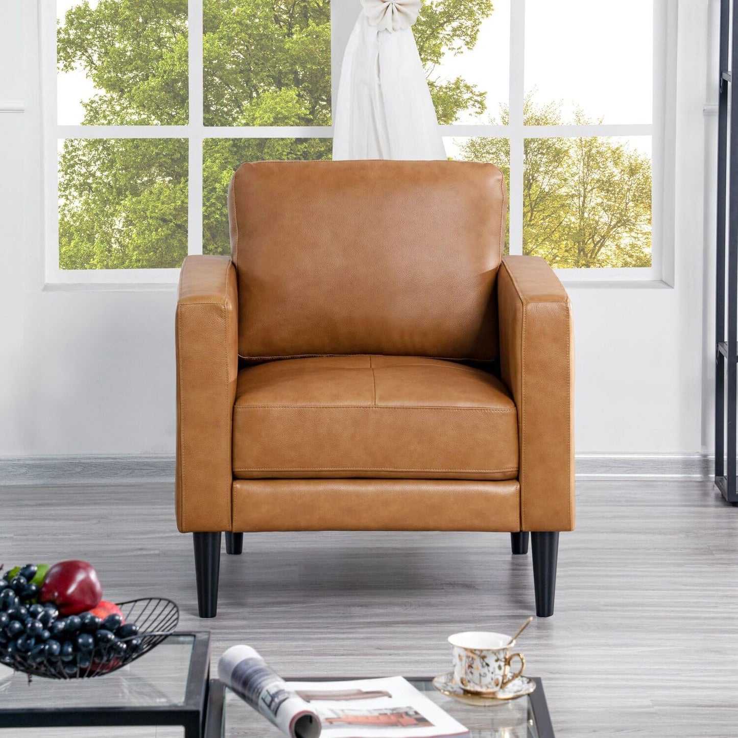 Naomi Home Siggy Genuine Leather Sofa - Set of 3 Luxurious Comfort, Goose Feather Cushion Filling, Square Arm Design, Sturdy Block Legs, Elegant Tan - Ideal for Living Room, Office, or Bedroom