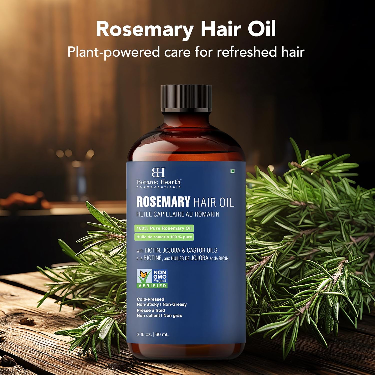Botanic Hearth 100% Pure Rosemary Oil For Hair (2 Fl Oz) Infused With Biotin, Jojoba & Castor Oil | Hair Strengthening Treatment | Nourishing & Volumizing | Non Gmo Verified