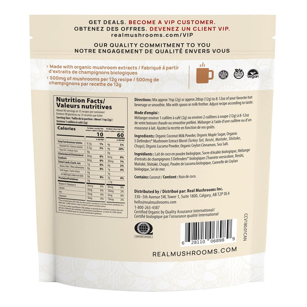 Real Mushrooms Organic Hot Chocolate Mix with Reishi, Turkey Tail, Chaga, Shiitake, Maitake – Cacao Powder Organic Mushroom– 5 Defenders Mushroom Cacao Powder, Vegan, Gluten-Free, 15 Servings