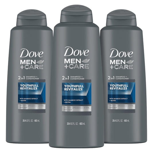 DOVE MEN + CARE 2 in 1 Shampoo and Conditioner Youthfull Revitalize 3 Count For Fine, Thin Hair Men's Shampoo and Conditioner with Bamboo Extract + Biotin 20.4 oz