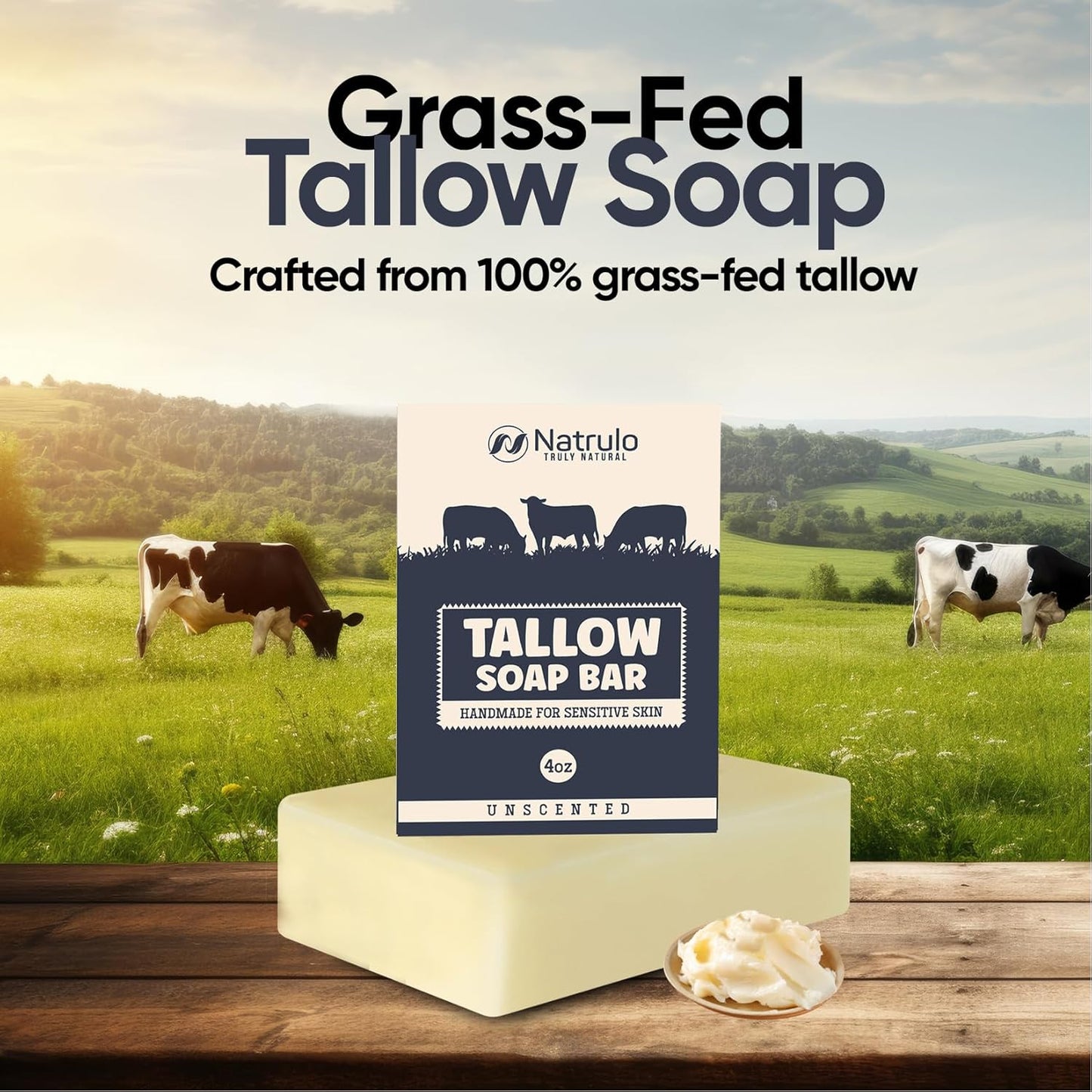 Beef Tallow Soap Bar – All Natural Grass Fed Tallow Soap Unscented – Moisturizing Face & Body Wash Great for Eczema, Dry, Itchy, Sensitive Skin – Handcrafted Bath Soap for Adults, Kids, Made in USA