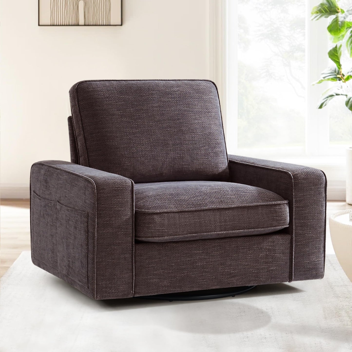 BEDHOURS Swivel Accent Chair for Living Room and Bedroom Single Sofa Chair Soft&Breathable Chenille Fabric Padding with Extra Wide Armrest Washable Detachable Cover(Chenille, Begie)