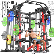 Smith Machine with Cable Crossover System, Multi-Function Squat Rack Power Cage for Home Gym, Power Rack and Packages Weight Sets