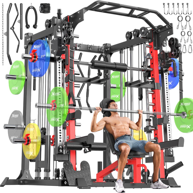 Smith Machine with Cable Crossover System, Multi-Function Squat Rack Power Cage for Home Gym, Power Rack and Packages Weight Sets