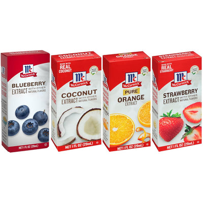 McCormick Fruity Extract Variety Pack, Includes Orange, Strawberry, Blueberry, and Coconut Flavors, For Baking, Mocktails, and More, 4 fl oz