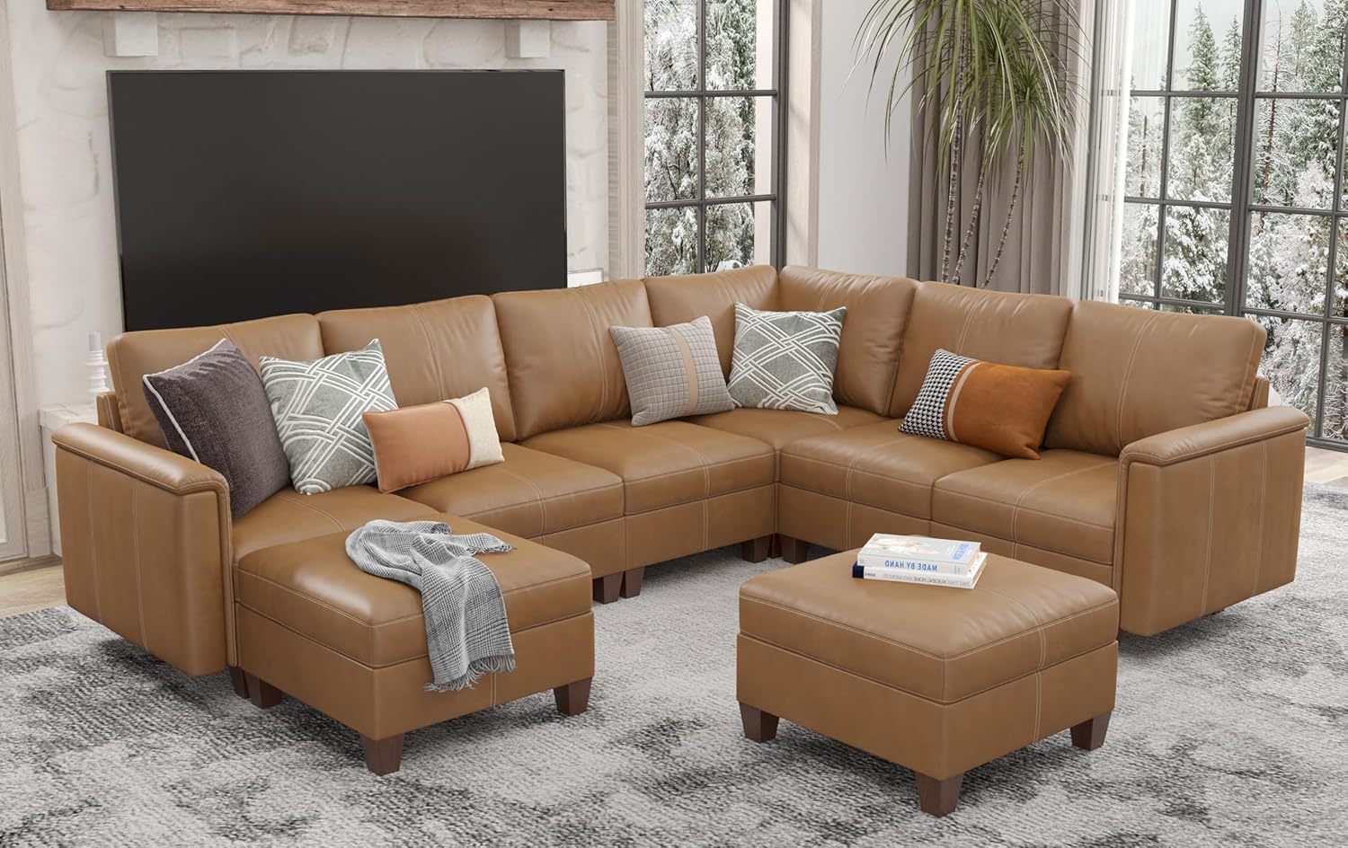 Faux Leather Modular Sectional Couches for Living Room, Modular Convertible U-Shaped Sectioanl Sofa with Storage & Ottoman, Brown