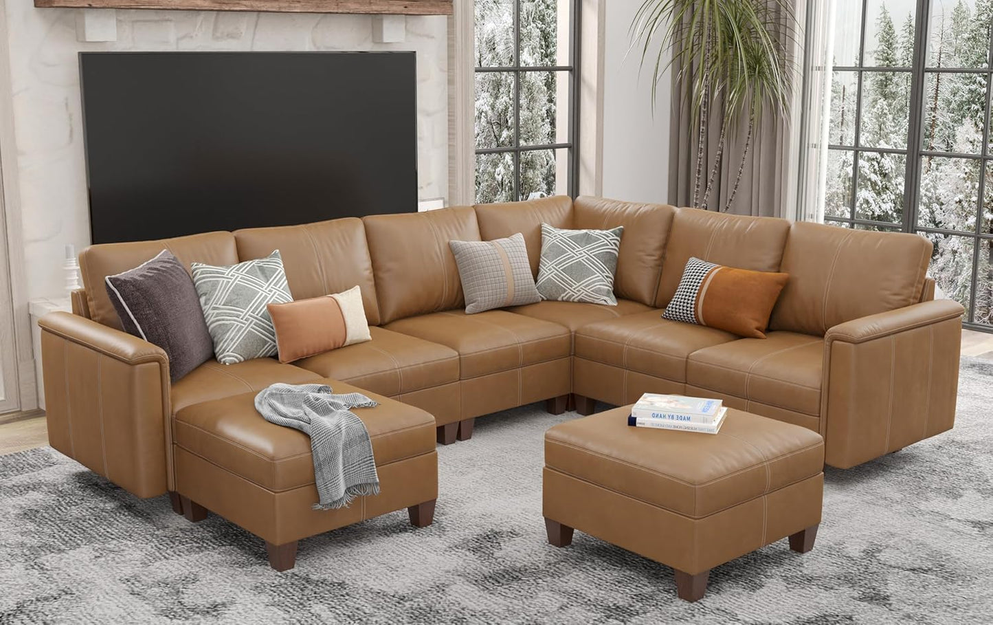 Faux Leather Modular Sectional Couches for Living Room, Modular Convertible U-Shaped Sectioanl Sofa with Storage & Ottoman, Brown