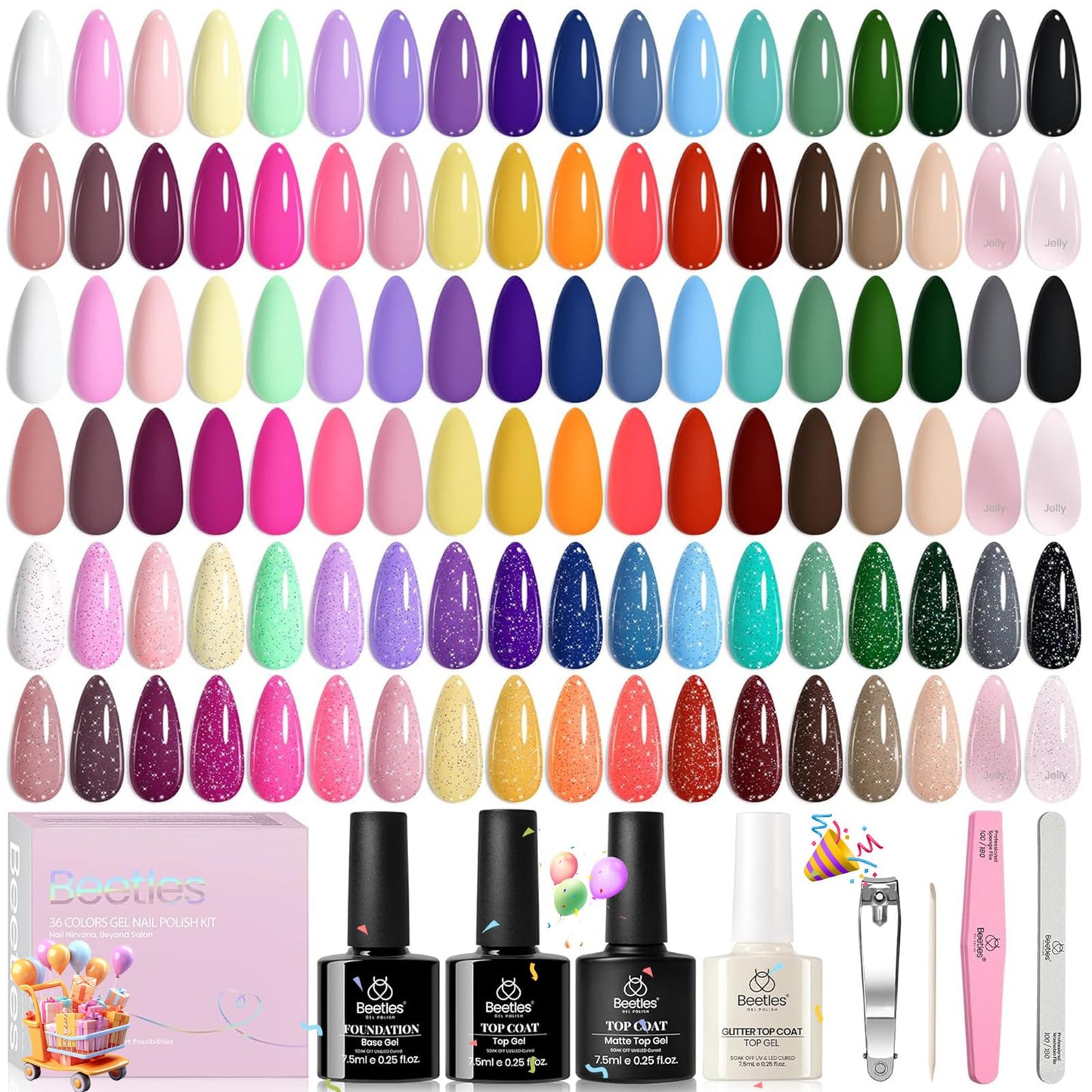 Beetles Cat Eye Gel Nail Polish Set-36 Colors Red Purple Brown Green Burgundy Magnetic Gel Nail Polish with Base Gel Glossy Matte Top Coat Magnet,Soak off UV Nail Gel DIY Nail Art Gift for Women