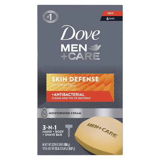Dove Men+Care Soap Bar For Smooth, Hydrate & Nourishing the Skin - Defense Effectively Washes Away Bacteria, Cream, 3.75 Oz, 6 Count
