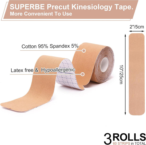 SUPERBE Precut Kinesiology Tape (3 Rolls Pack), Elastic Sports Tape for Pain Relief, Muscle Support, Recovery and Physio Therapy, Breathable, Waterproof (Black)