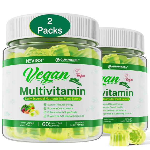 NEVISS Vegan Multivitamin for Women & Men w/Methyl B12, D3 K2, Plant Based Omega 3 (DHA+EPA), Iron, Choline, Zinc, Whole Food Daily Vitamins Gummies for Vegans & Vegetarians, Sugar Free, 60Cts