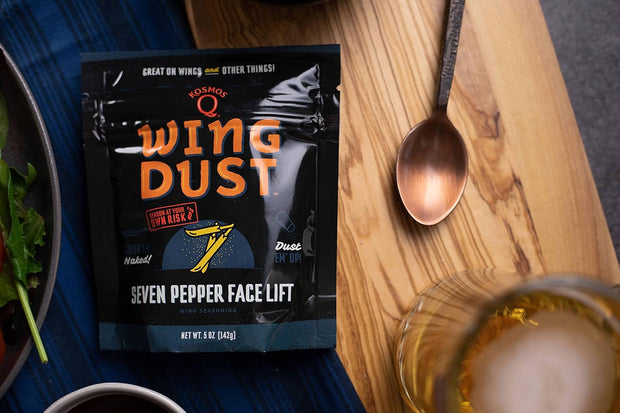 Kosmos Q Seven Pepper Face Lift Spicy Hot Wing Dust, Spicy Chicken Wing Seasoning for Chicken, Fries, Burgers, Queso, Beans & More, Flavorful Heat with 7-Pepper Blend Dry Rub Seasoning Dust, 5 Oz