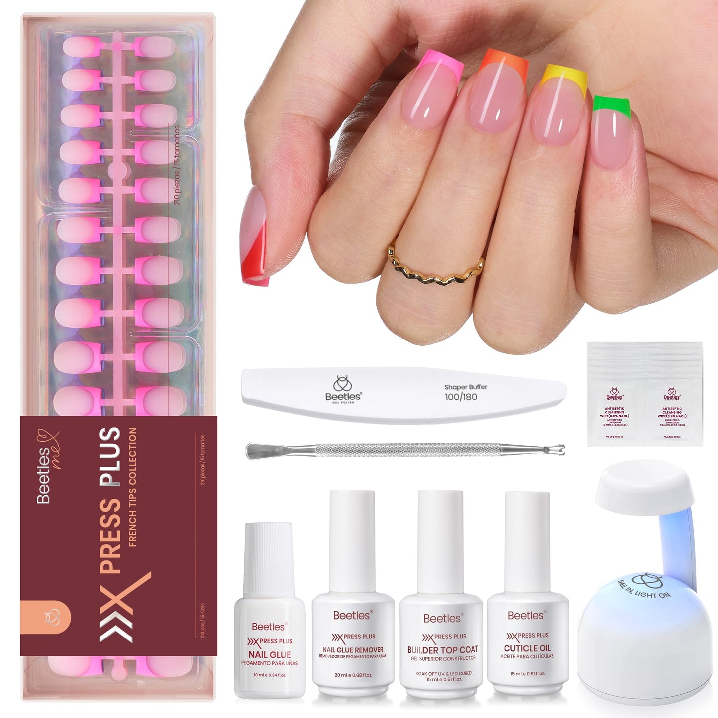 Beetles X Press Gel Nail Kit: Long Square French Tip Press On Nails Kit With 224Pcs Nail Tips Nail Glue & Builder Top Coat Mini UV Light, All-in-One DIY Designs Gift For Women At Home 16 Size