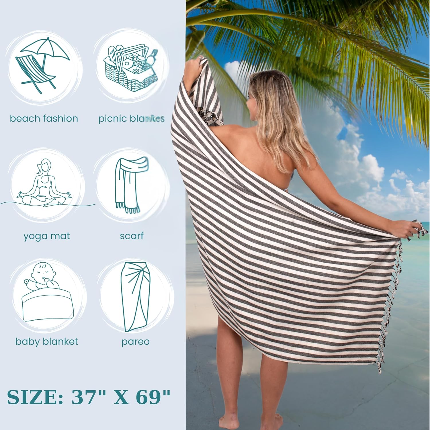 2in1 Beach Towel & Backpack – Made from Premium Turkish Cotton! Bathroom Towels Adult Travel Essentials Cruise Accessories Vacation Yoga Mat Soft Feel High Absorbent Sand Free Quick Dry