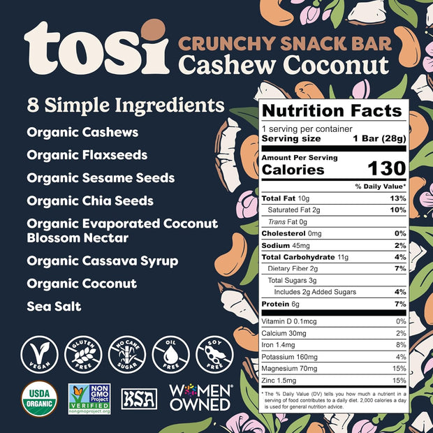 Tosi Nut Bars, Cashew Coconut, Healthy Snacks for Adults & Kids, Plant Based Crunchy Bars (6G Protein), Organic Keto Snacks, Vegan, Gluten & Soy Free, Low Sugar, Omega 3s, 1oz, 12-Pack