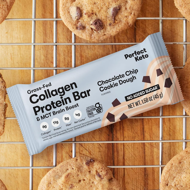 Perfect Collagen Protein Bars, Gluten Free Grass Fed Collagen + MCT Oil, Low Carb, No Sugar Added, High Protein Snacks, Keto Diet Foods, 11g Protein, 18g Fat, 3g Net Carbs, Chocolate Chip, 12 Bars
