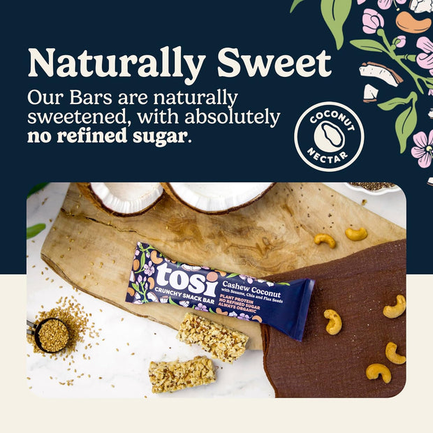 Tosi Nut Bars, Cashew Coconut, Healthy Snacks for Adults & Kids, Plant Based Crunchy Bars (6G Protein), Organic Keto Snacks, Vegan, Gluten & Soy Free, Low Sugar, Omega 3s, 1oz, 12-Pack