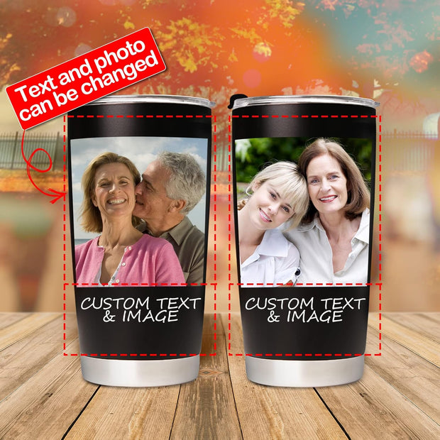 Personalized Tumbler with Pictures Text Name, Custom Photo Stainless Steel Tumbler, 20 Oz Travel Coffee Cup with lids, Personalized Mother's Day Birthday Gifts for Mom, Dad, Women, Men, Friend