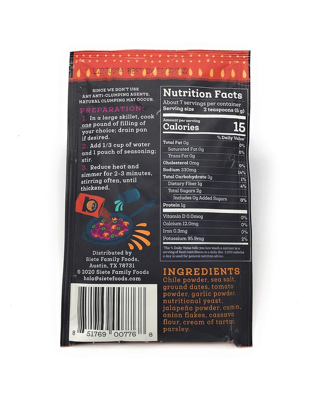 Siete Mild Taco Seasoning Mix | Gluten Free | Vegan | Paleo | Preservative Free | Whole 30 Approved (1 Packet)