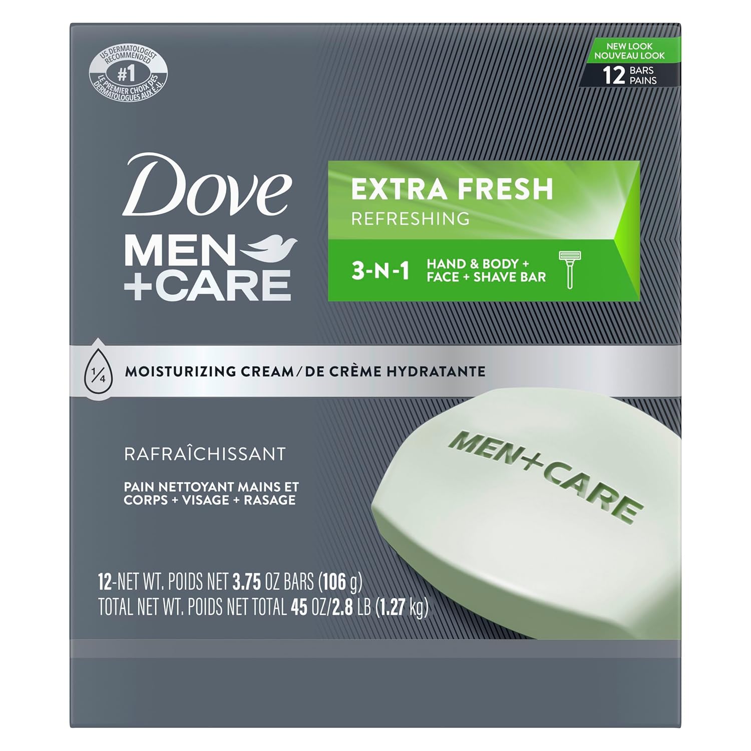 Dove Men+Care Hand & Body, Face & Shave Bar Soap for refreshed skin Extra Fresh soap bar with ¼ moisturizing cream 106 g Pack of 12