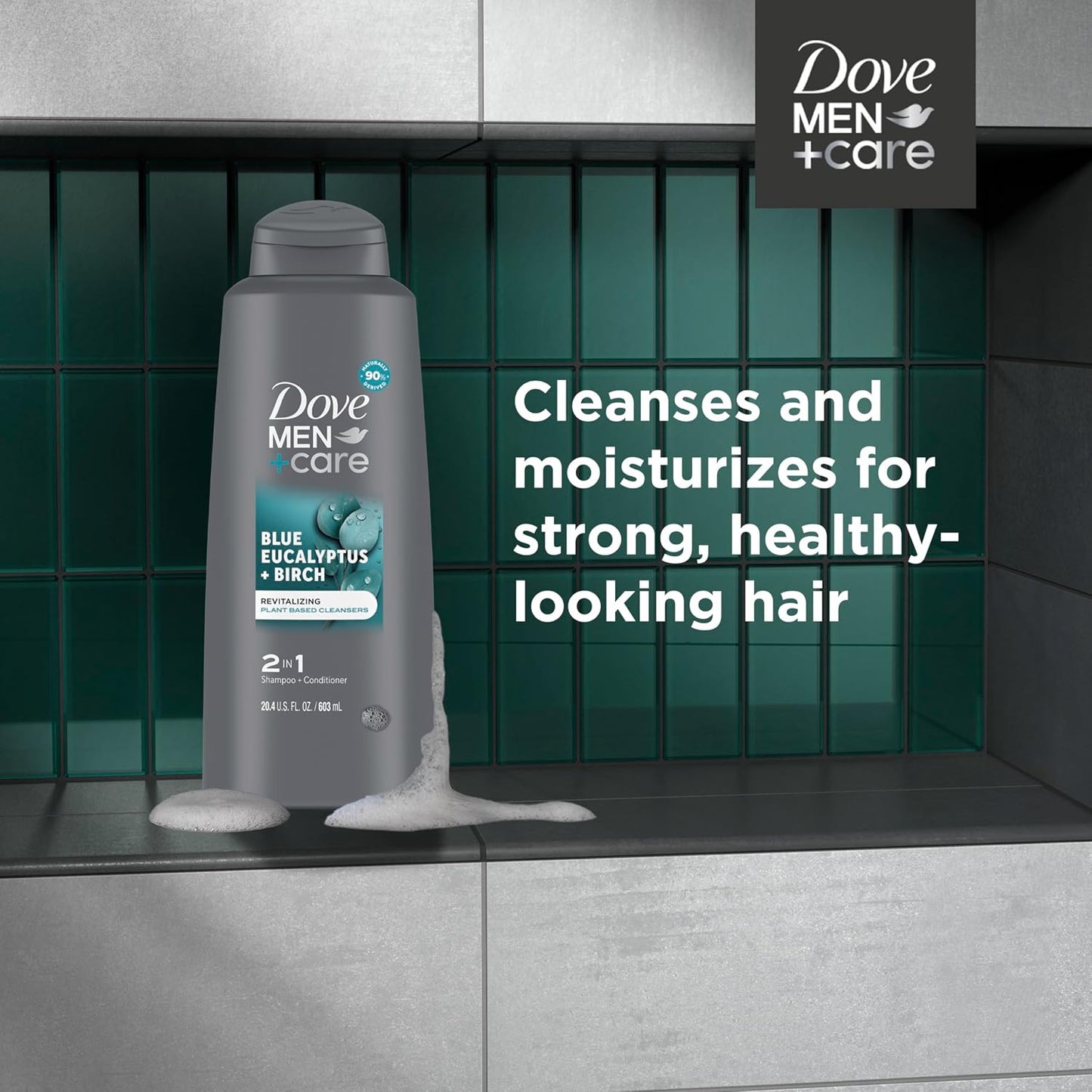 DOVE MEN + CARE Men 2 in 1 Shampoo and Conditioner Eucalyptus + Birch for Healthy-Looking Hair Naturally Derived Plant Based Cleansers 20.4 oz