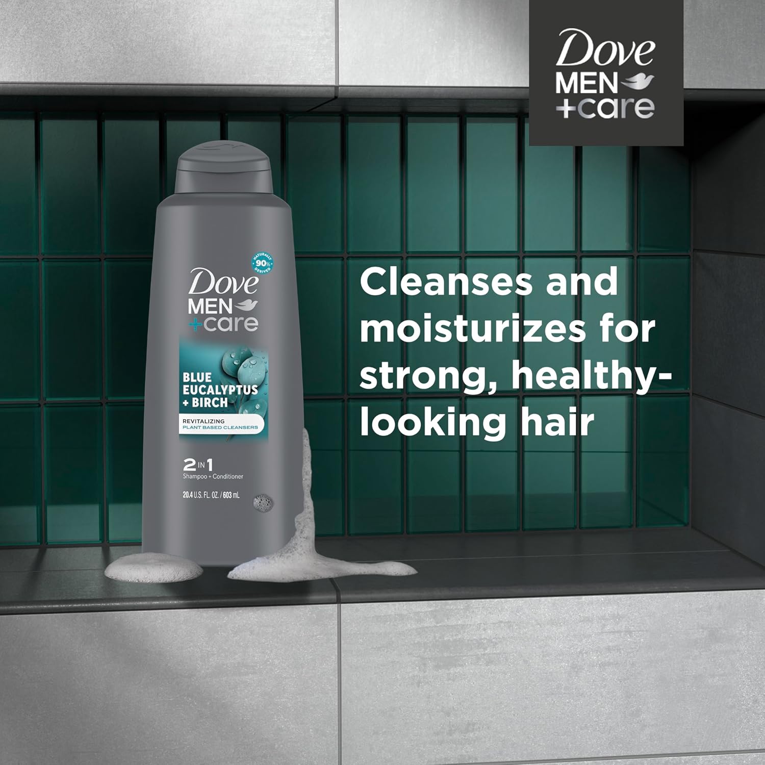 DOVE MEN + CARE Men 2 in 1 Shampoo and Conditioner Eucalyptus + Birch for Healthy-Looking Hair Naturally Derived Plant Based Cleansers 20.4 oz