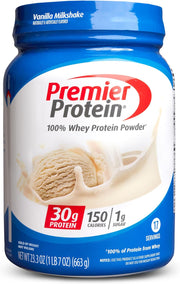 Premier Protein Powder, Vanilla Milkshake, 30g Protein, 1g Sugar, 100% Whey Protein, Keto Friendly, No Soy Ingredients, Gluten Free, 17 Servings, 23.3 Ounces