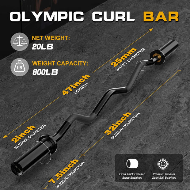 Olympic EZ Curl Barbell Bar 47",Mute Bearings - 2" Curl Bar for Weight Lifting, Hip Thrusts,Biceps,Squat-Home Gym Weight Bar-Chrome Curling Strength Training, 2Pcs Collars(800lbs Weight Capacity)