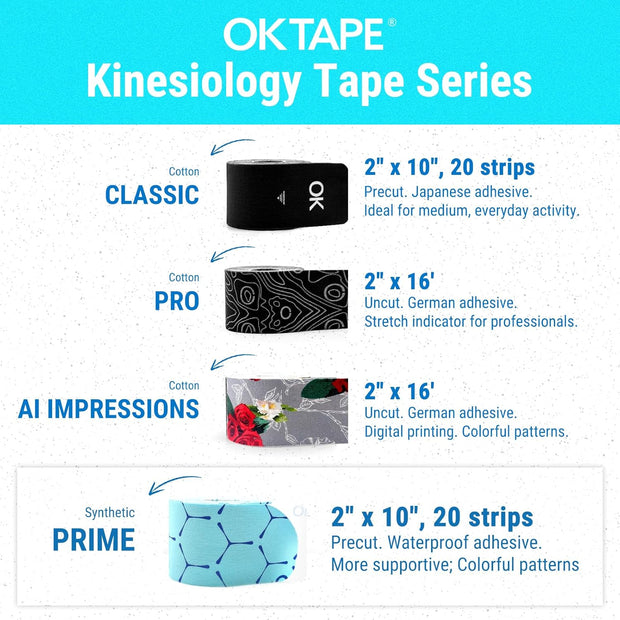 OK TAPE Synthetic Kinesiology Tape, 20 Strips Precut K Tape, Waterproof, Elastic Athletic Tape for Pain Relief & Muscle Support, Reflective Design, 2" x 10" -Purple