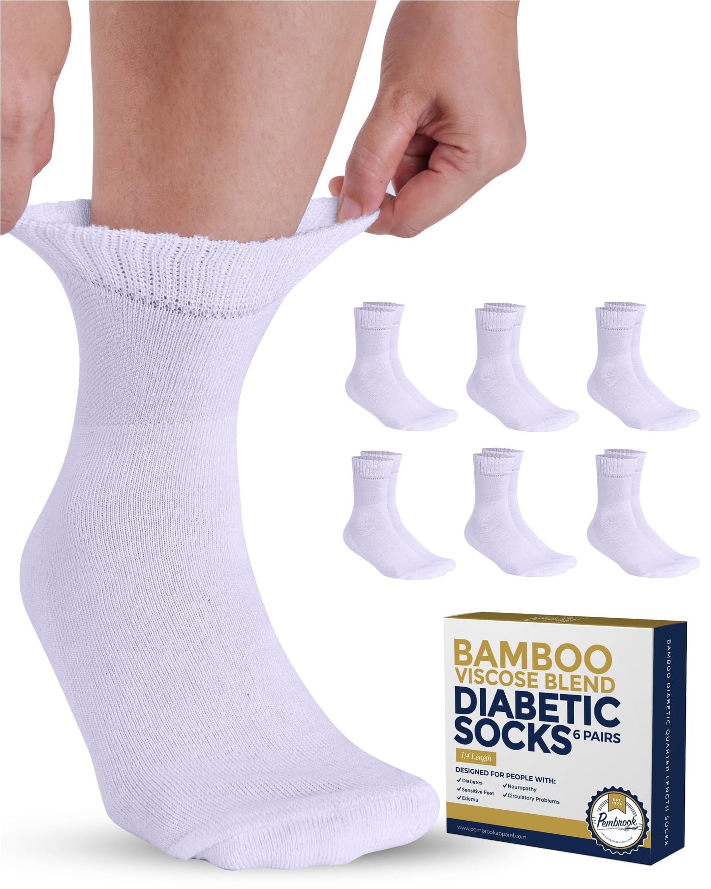 Pembrook Bamboo Viscose Diabetic Socks for Women & Men - 6 Pairs Ankle Socks for Swollen Feet | Neuropathy Socks | Edema Neuropathy Socks for Women | Diabetic Socks Women 9-12