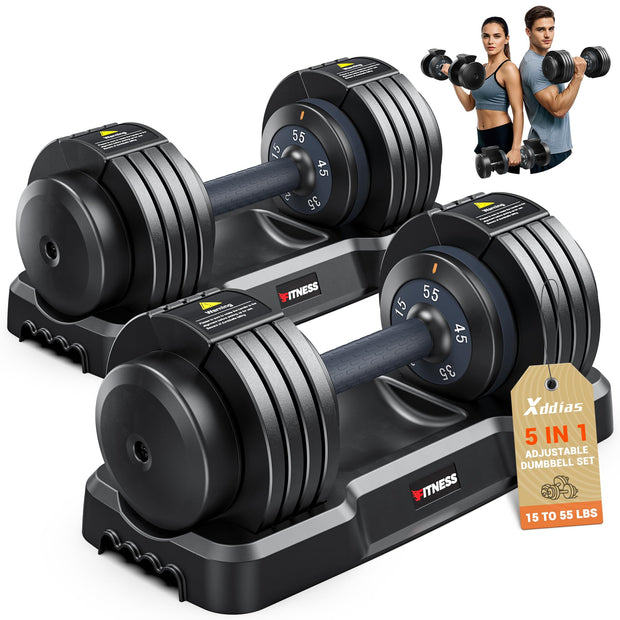 XDDIAS Adjustable Dumbbell Set of 2-25LB/55LB Set-1Sec Adjustable Dumbbell Weights-5 in 1 Free Weights Dumbbells Set with Effortless Tray/No-Slip Handle-Compact Size for Women/Men at Home Gym