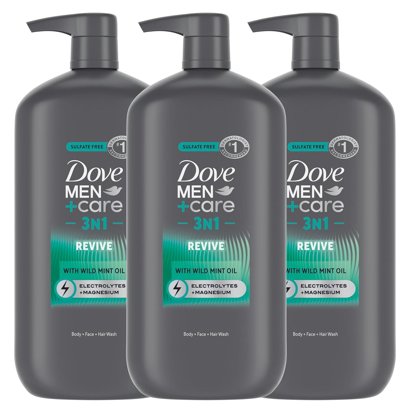 DOVE MEN + CARE Body and Face Wash with Wild Mint Oil, Invigorating Revive 3N1 with 24-Hour Nourishing Micromoisture Technology, 30 oz 3 Count