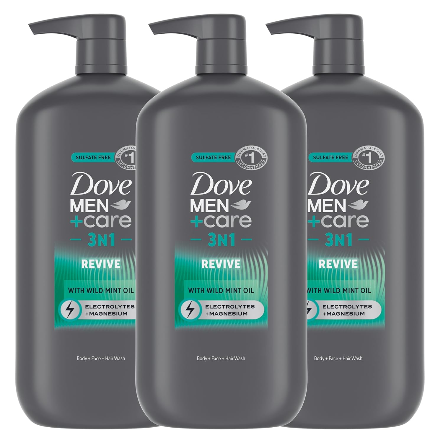 DOVE MEN + CARE Body and Face Wash with Wild Mint Oil, Invigorating Revive 3N1 with 24-Hour Nourishing Micromoisture Technology, 30 oz 3 Count