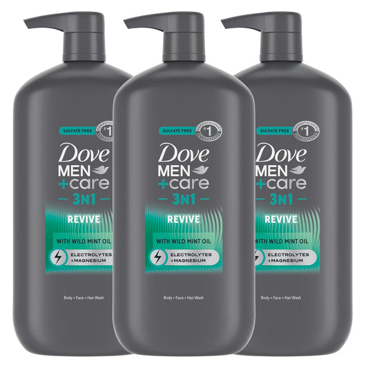 DOVE MEN + CARE Body and Face Wash with Wild Mint Oil, Invigorating Revive 3N1 with 24-Hour Nourishing Micromoisture Technology, 30 oz 3 Count