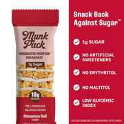 Munk Pack Cinnamon Roll Probiotic Protein Bars Stocking Stuffers | 10g Plant Protein, 1g Sugar, 6g Fiber | Diabetic-Friendly Ideal Breakfast Bars - On-the-Go Snacks, Gluten-Free, Non-GMO | 12 Count