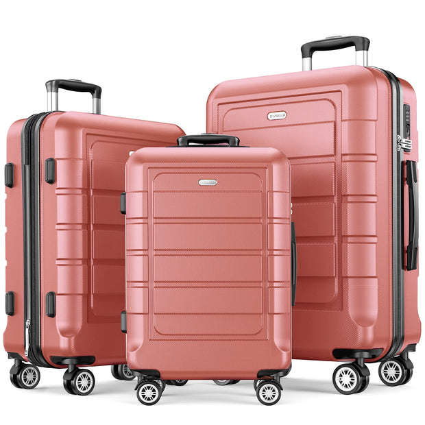SHOWKOO Luggage Sets Expandable PC+ABS Durable Suitcase Sets Double Wheels TSA Lock Pink 3pcs
