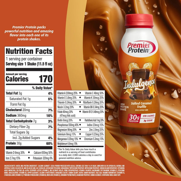Premier Protein Indulgence Protein Shake, 30g Protein, 3g Sugar, Salted Caramel Truffle, 11.5 fl oz, Pack of 12