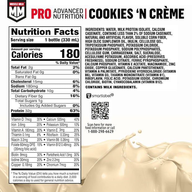 Muscle Milk Pro Series Shake, Cookies 'n Creme, 11.16 Fl Oz Bottles (Pack of 12)