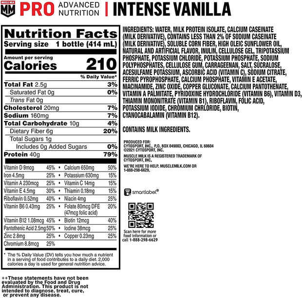 Muscle Milk Pro Advanced Nutrition Protein Shake, Intense Vanilla, 14 Fl Oz Bottle, 12 Pack, 40g Protein, 1g Sugar, 16 Vitamins & Minerals, 6g Fiber, Workout Recovery, Packaging May Vary