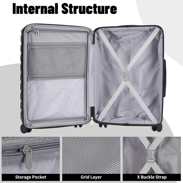 Lightweight Luggage with Spinner Wheels & YKK Zipper, Hard Shell 3-Piece Suitcase ABS+PC Hardside Luggage Set with TSA Lock for Men Travel, Black (20+24+28 inch)