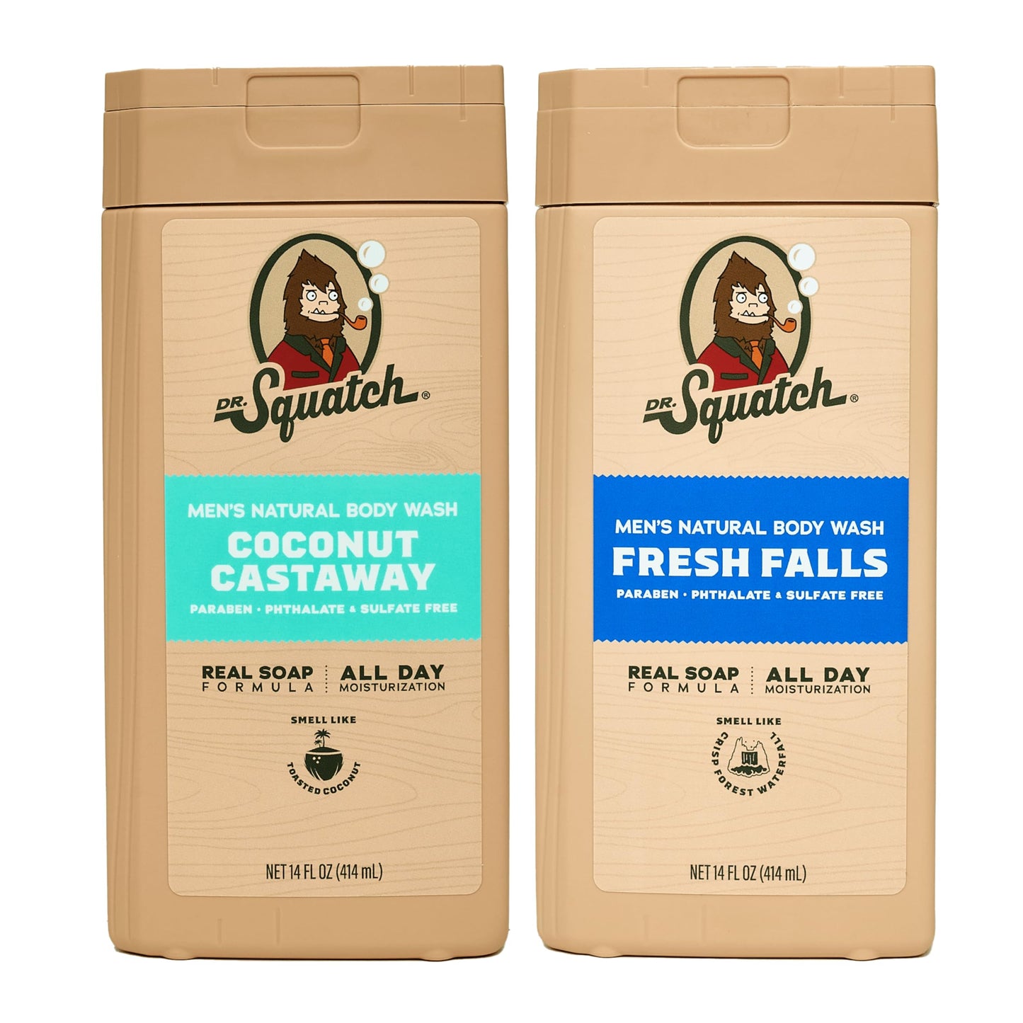 Dr. Squatch NEW Body Wash for Men with Nourishing, Natural Ingredients | No Paraben, Phthalate, Sulfate | All Day Moisture | Long Lasting Scent | Coconut Castaway & Wood Barrel Bourbon (14 oz, 2-Pack)